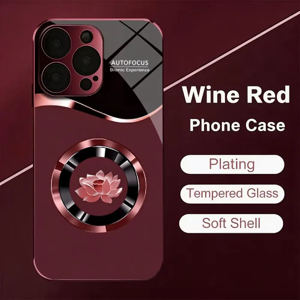 Luxury Wine Red Plating Tempered Glass Phone Case For iPhone 18 17 16 15 Lotus Flower Pattern Shockproof Protective Cover Fundas
