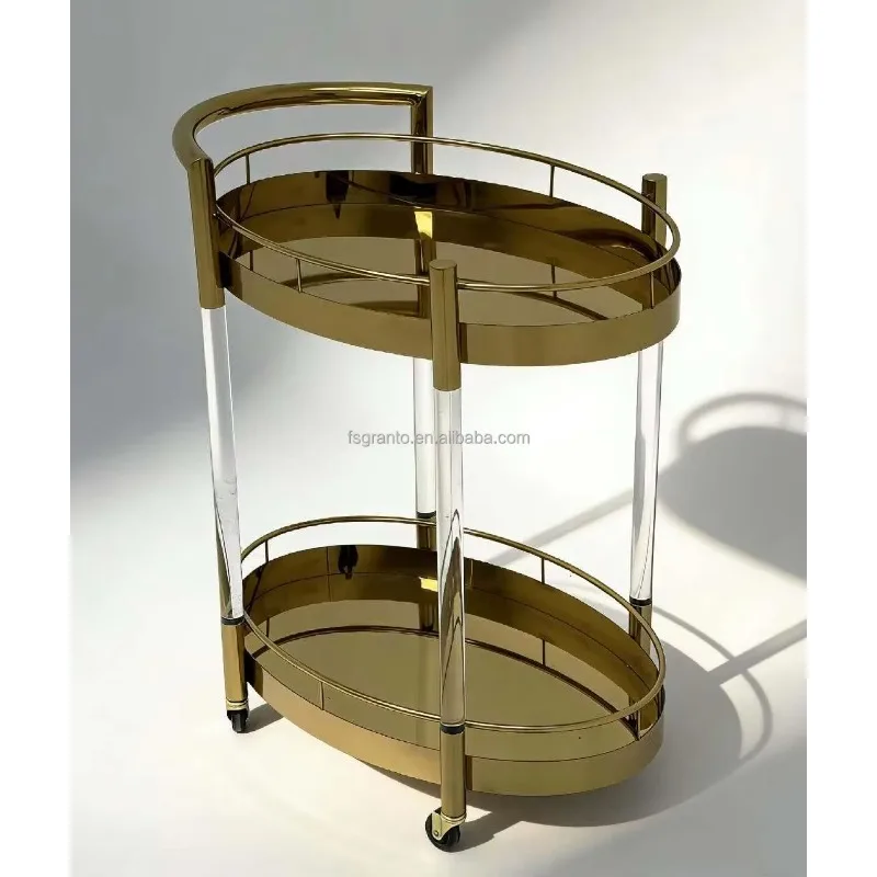 Factory Price Gold Stainless Steel &Acrylic 2-Layer Hotel Restaurant Service Drink Trolley Buffet Server Weeding Party Food Cart