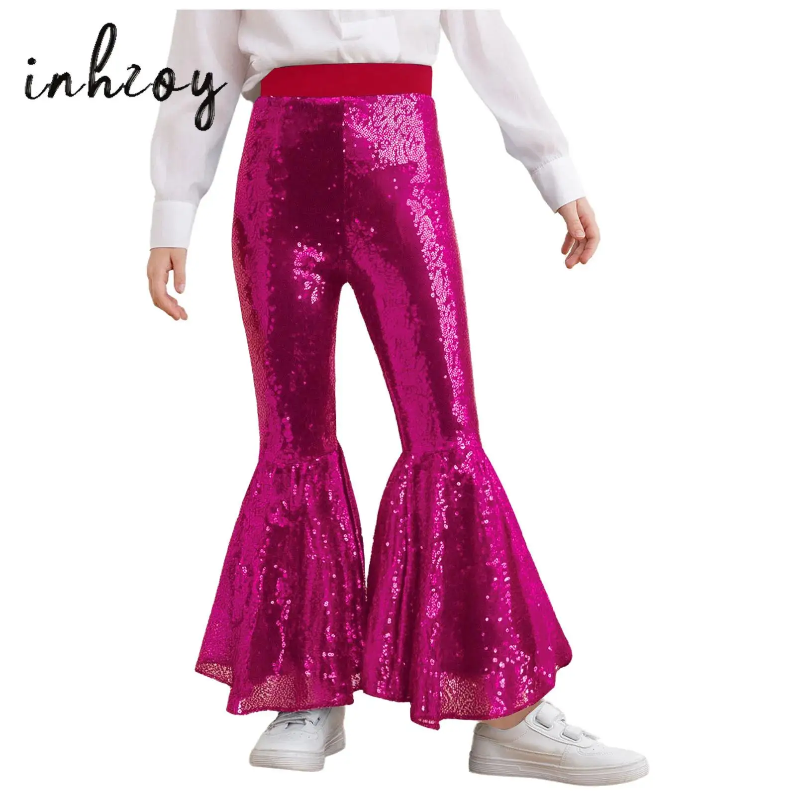 

Kids Girls Jazz Latin Dance Pants Glittery Sequins Elastic Waistband Bell-Bottom Trousers Flared Pants Stage Performance Costume