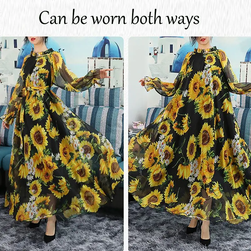 2023 Boho Beach Sunflower Print Maxi Dress Fashion Women Long Dress Full Sleeve Party Holiday Muslim Travel Photo Vestidos Robe