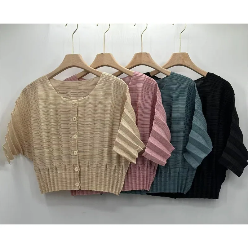 

Pleats Original Pleated Blouse Women's 2023 New Korean Temperament Wild Loose Women's Single-breasted Medium-sleeved Blouse