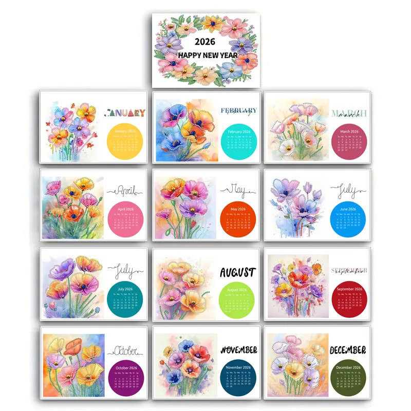 

12 Piece/Set DIY Diamond Painting 2026 Happy New Year Calendar with Flower Basket/Bucket/Boot Flower/Garden Fence Pattern