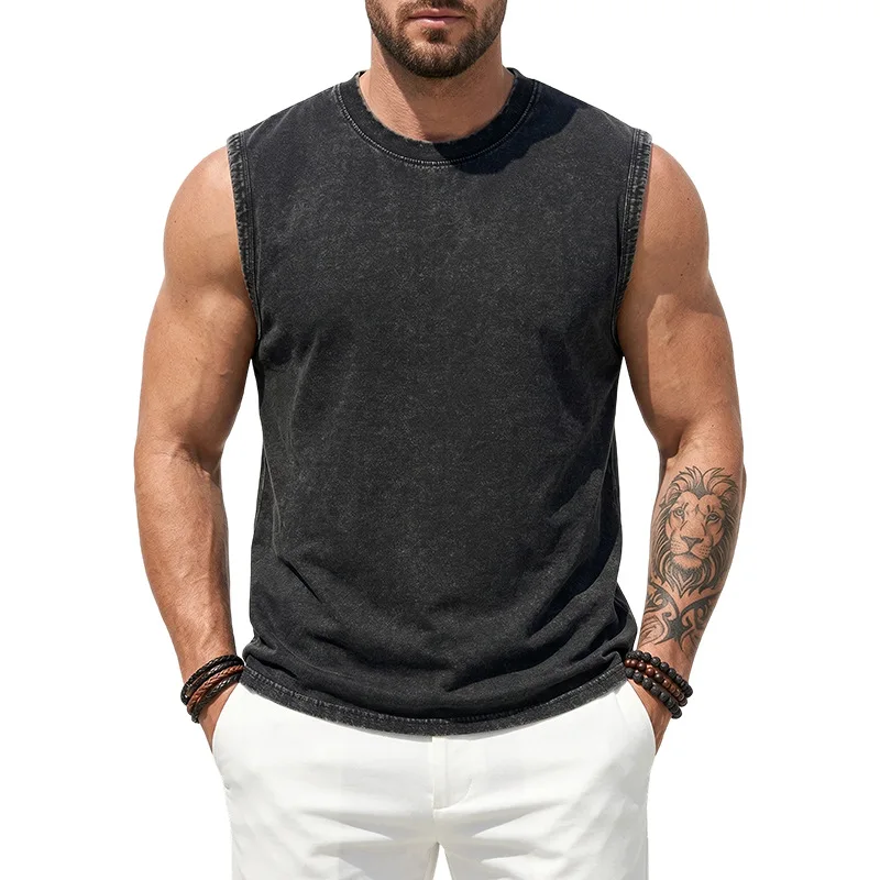 

230G Pure Cotton Washed Old Round Neck Sleeveless T-shirt 2026 Summer New Men's Vest