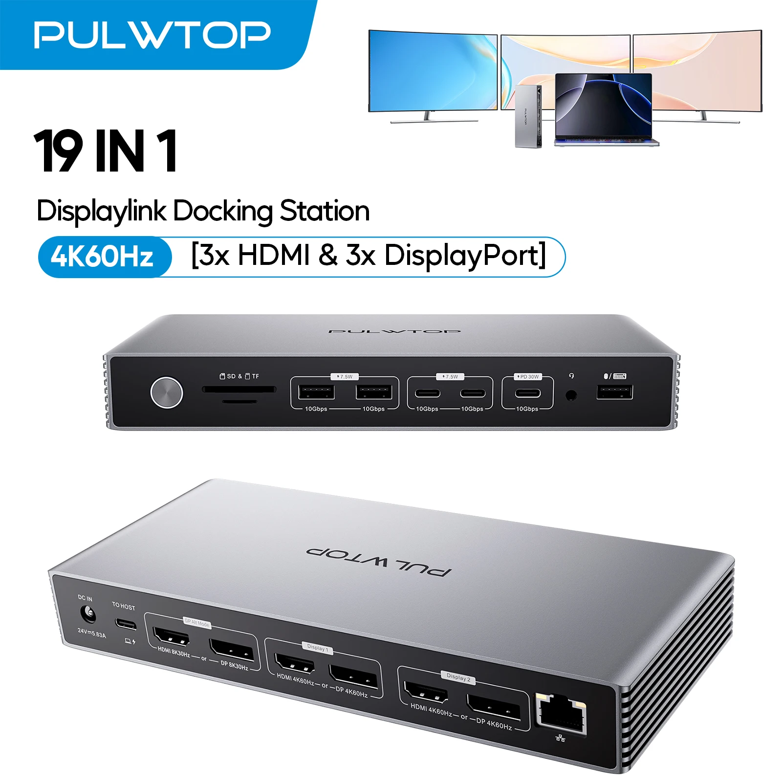 

Док-станция PULWTOP Displaylink, док-станция Displaylink 8K/4K при 60 Гц с 3 HDMI, 3 портами дисплея, PD 30 Вт, USB A/C 10 Гбит/с, Ethernet