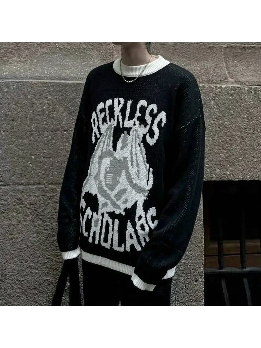 New autumn and winter vintage subculture Gothic knitted sweater with neutral style angel letter pattern and loose street trend
