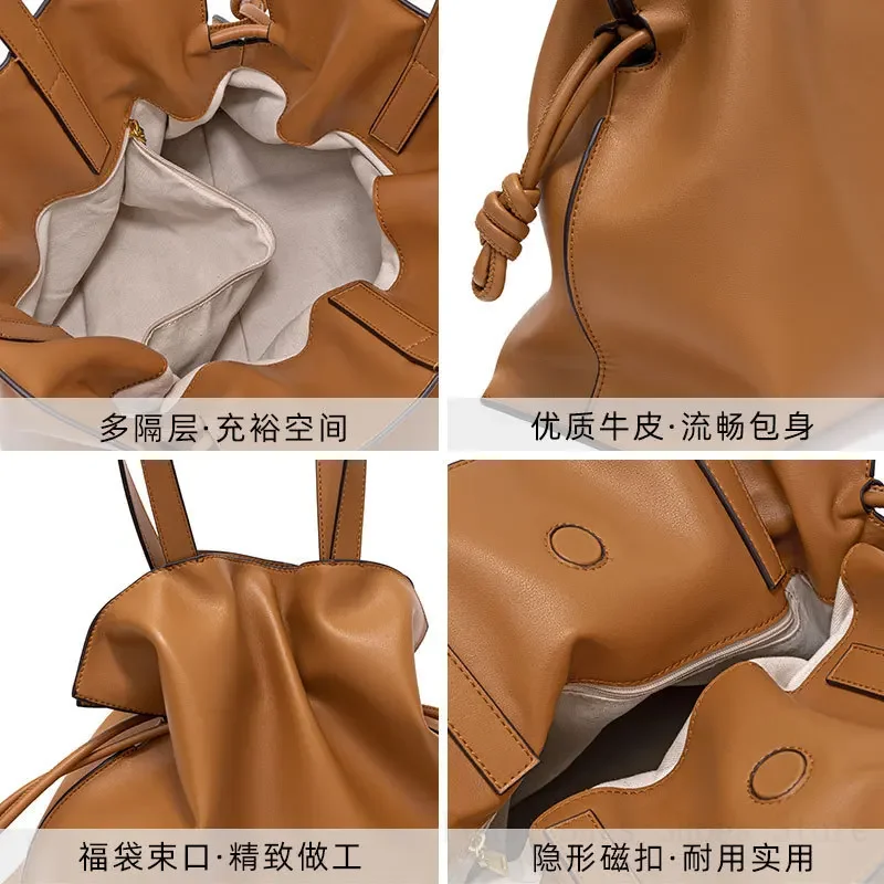 2024 Simple New Korean Fashion Cowhide Niche Genuine Leather Women\'s Bag Pleated Shoulder Bag Drawstring Tote Bag