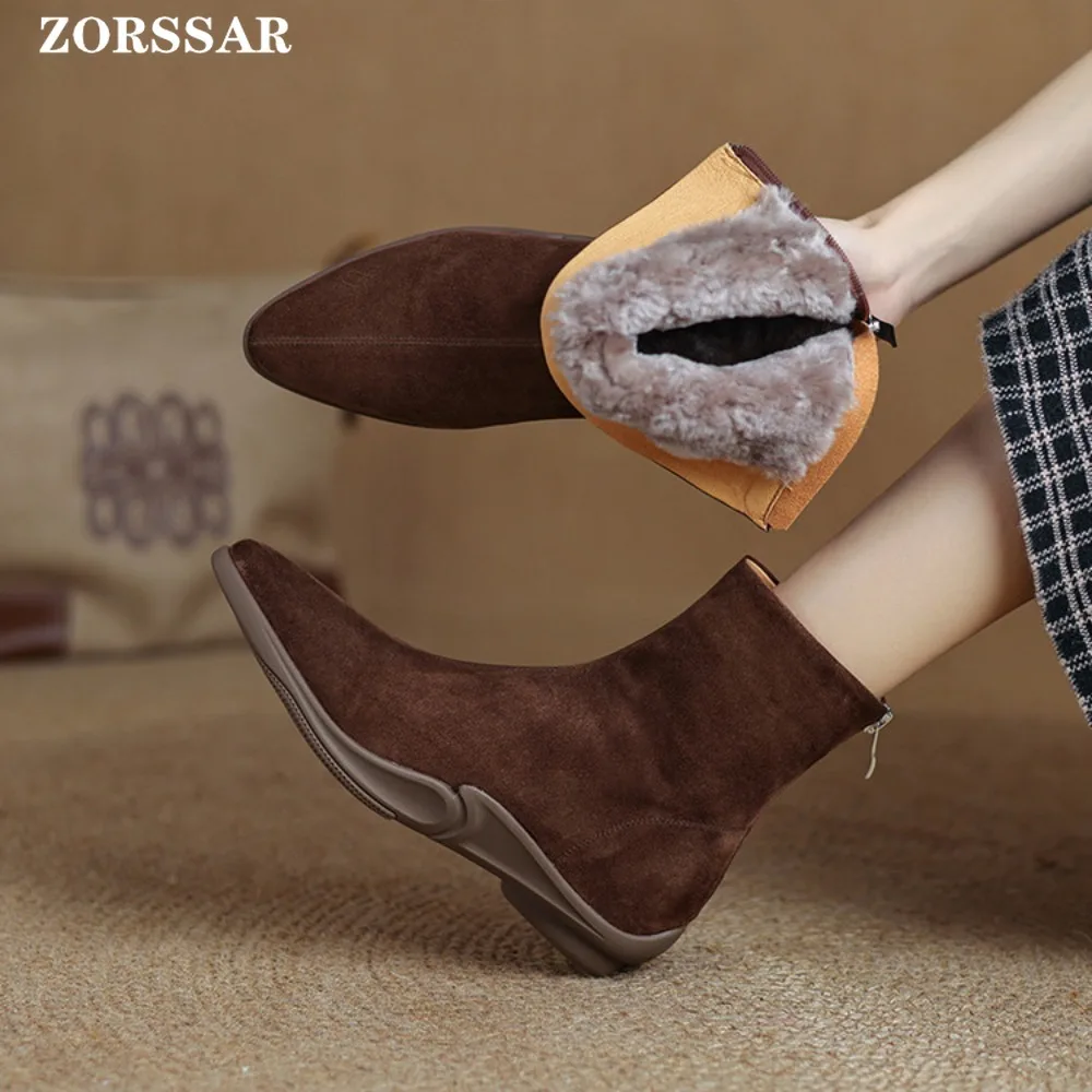 2025 Otoño Invierno Mujer Botines de tacón plano elegante cremalleras traseras zapatos modernos de cuero gamuza empalme Botas cortas Para Mujer