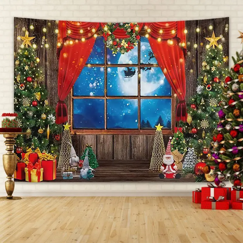 VIKAMA Christmas Window Sleigh Scene Wide Tapestry Hanging for Living Room Wall Art Cozy Aesthetic Warm Unique Home Decor
