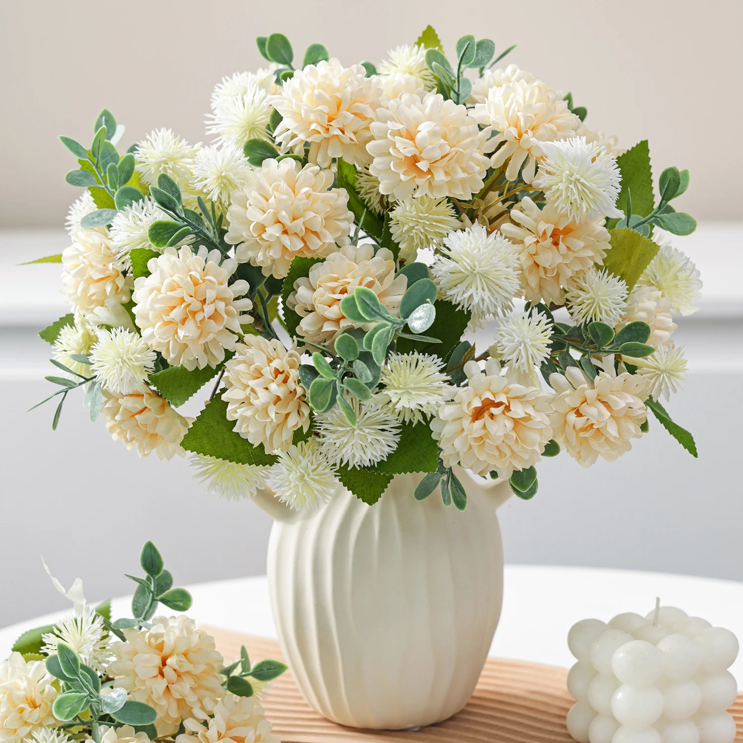 Künstliche Seidenblumen, Löwenzahnkugel, Chrysantheme, Festliche Hochzeits-Brautsträuße, Dekoration für Zuhause, Tisch, Garten, Vase, DIY-Geschenke – Detail 6