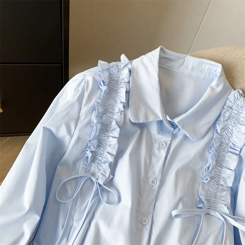 المرأة الأزرق تقسم مقوس دانتيل قميص 2000s الجمالية الحلو Y2k Harajuku الكورية بسيطة وعصرية نمط فضفاض قميص