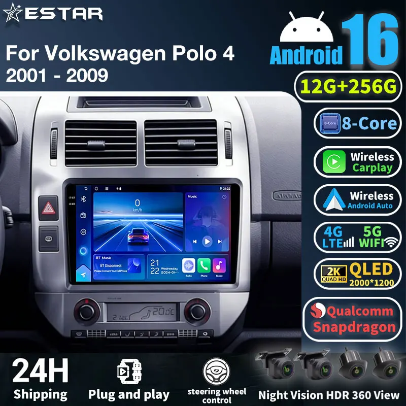 Car Radio Android 16 For Volkswagen Polo Mk4 IV 4 2001 - 2009 GPS Multimedia Player Navi Head Unit Wireless Carplay Video Stereo