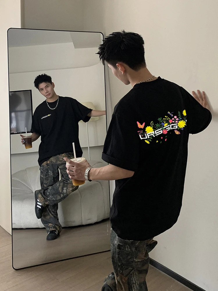 Trendy Embroidered Cotton Men's T-Shirt Short Sleeve Rigorous Summer Heavyweight Pure American High Street Couple Half Sleeve