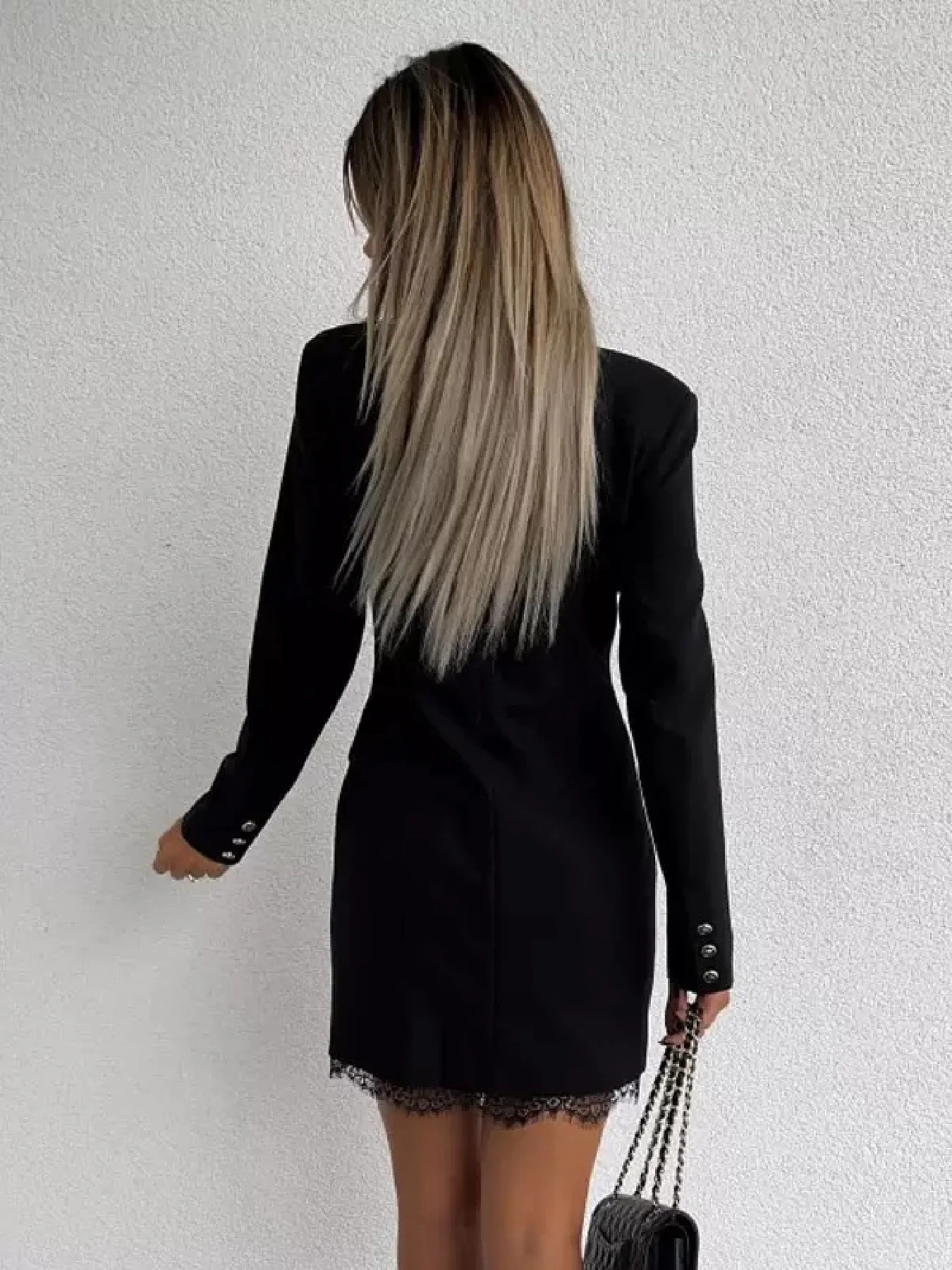 여성 블랙 레이스 트림 블레이저 미디엄 길이 블레이저 오피스 비즈니스 웨어 우아한 더블 브레스티드 버튼 긴 소매 재킷