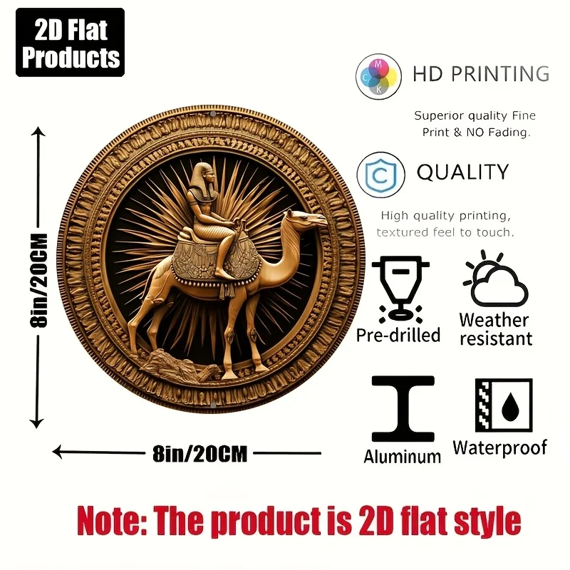Waterproof & Durable Round Aluminum Wall Art, 2D Flat Egyptian Camel Metal Sign for Bar, Cafe, Home Office, CIFBUY