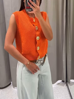 Knitted Thread Single Breasted Orange Vest Women Round Neck Sleeveless Loose Summer Casual Vest Holiday Street Ladies Vest
