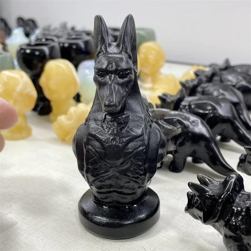 

Natural Black Obsidian Crystal Anubis Hand Carved Statue Healing Polished Mineral Stones Crafts For Home Decoration 1pcs