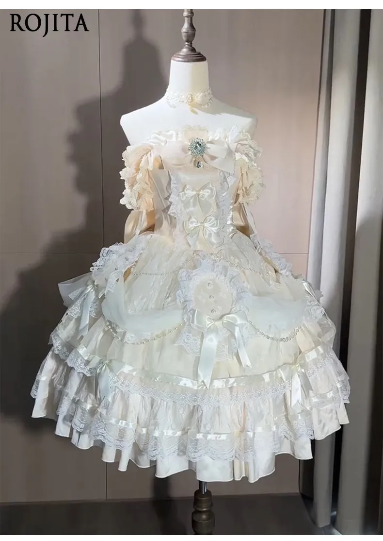 Luxury Classic Lolita JSK Dress Ruffle Shoulder Strap Rhinestone Bow Multi‑Layer Lace Ruffle Voluminous Puffy Sleeveless Dress