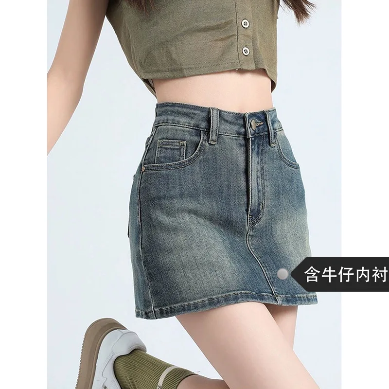 Denim Skirt Solid Spliced Women Zipper Fly Skirts Loose Above Mini Skirts Basics High Waist Pockets Washed Distressed 2025 - Image 4