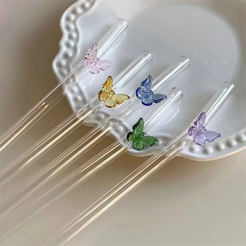 1PC Transparent Butterfly Glass Straw Elbow Juice Milk Straw Stirring Stick Simple High Temperature Resistant Straws