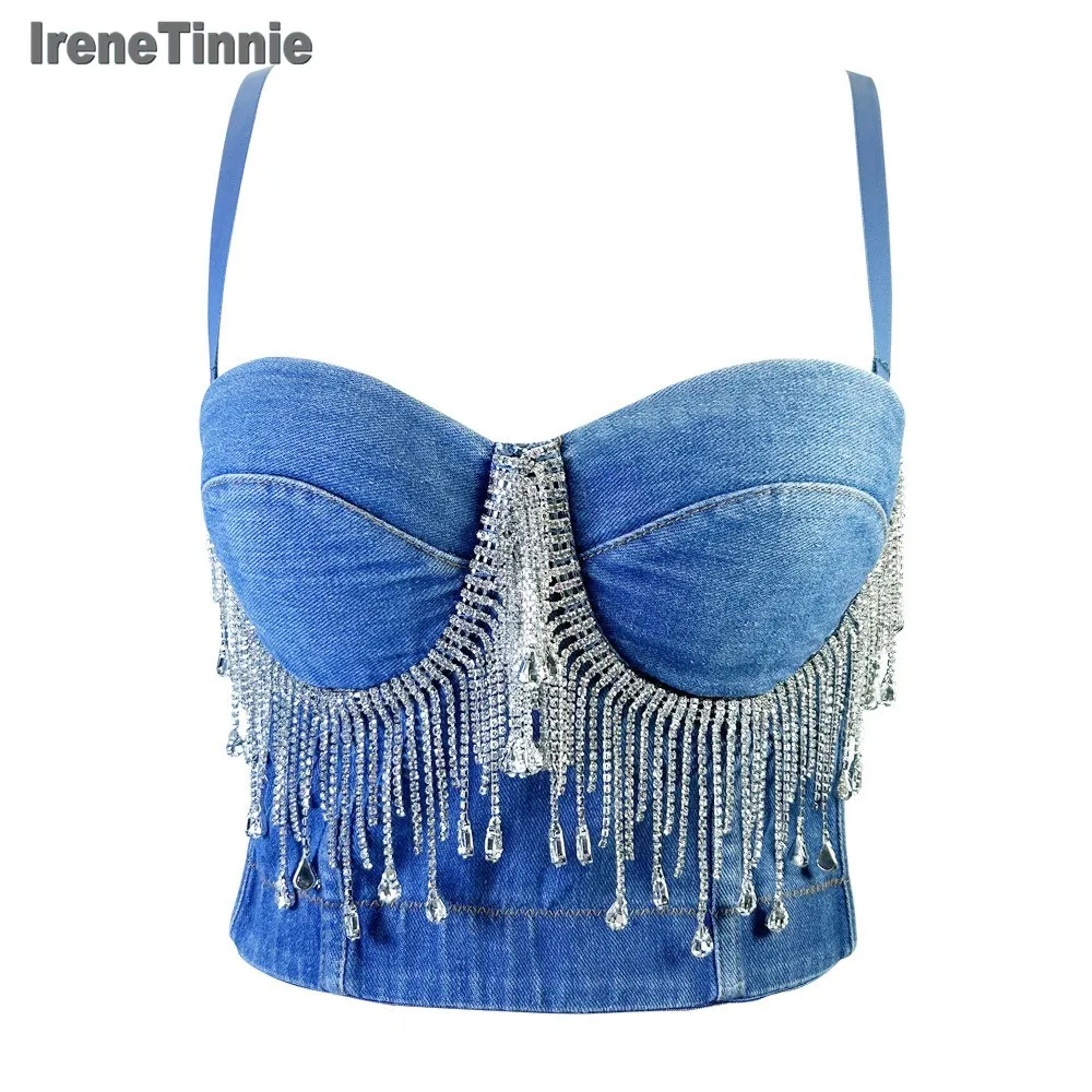 IRENE TINNIE Blue Denim Cropped Bustier Boho Crop Top Women Sexy Rhinestone Tassel Beading Top Night Club Party Corset Bras