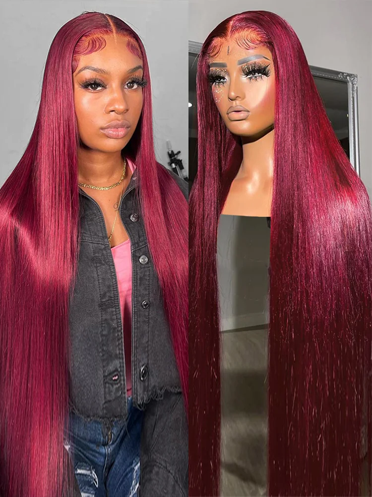 99J Burgundy Straight Lace Front Human Hair Wigs Colored Red 13x6 HD Lace Frontal Wig 100% Human Hair Glueless  250% Lace Wigs