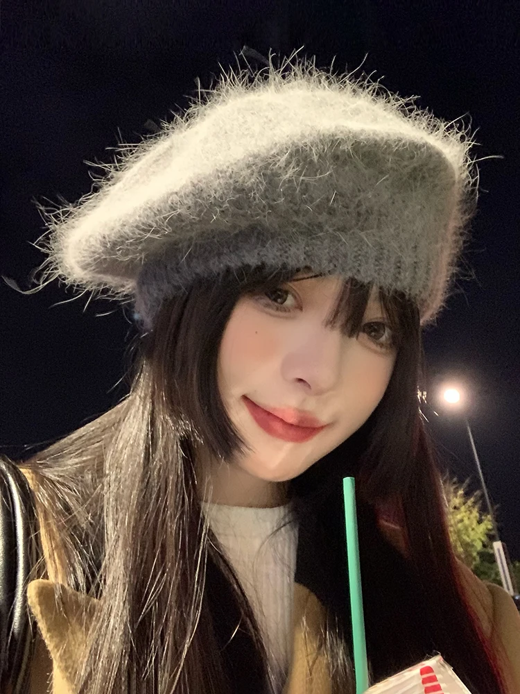 Women's Knitted Beret Hat Small Woolen Thread Painter Style Fall Winter Plush Face Slimming Large Head Circumference Hat