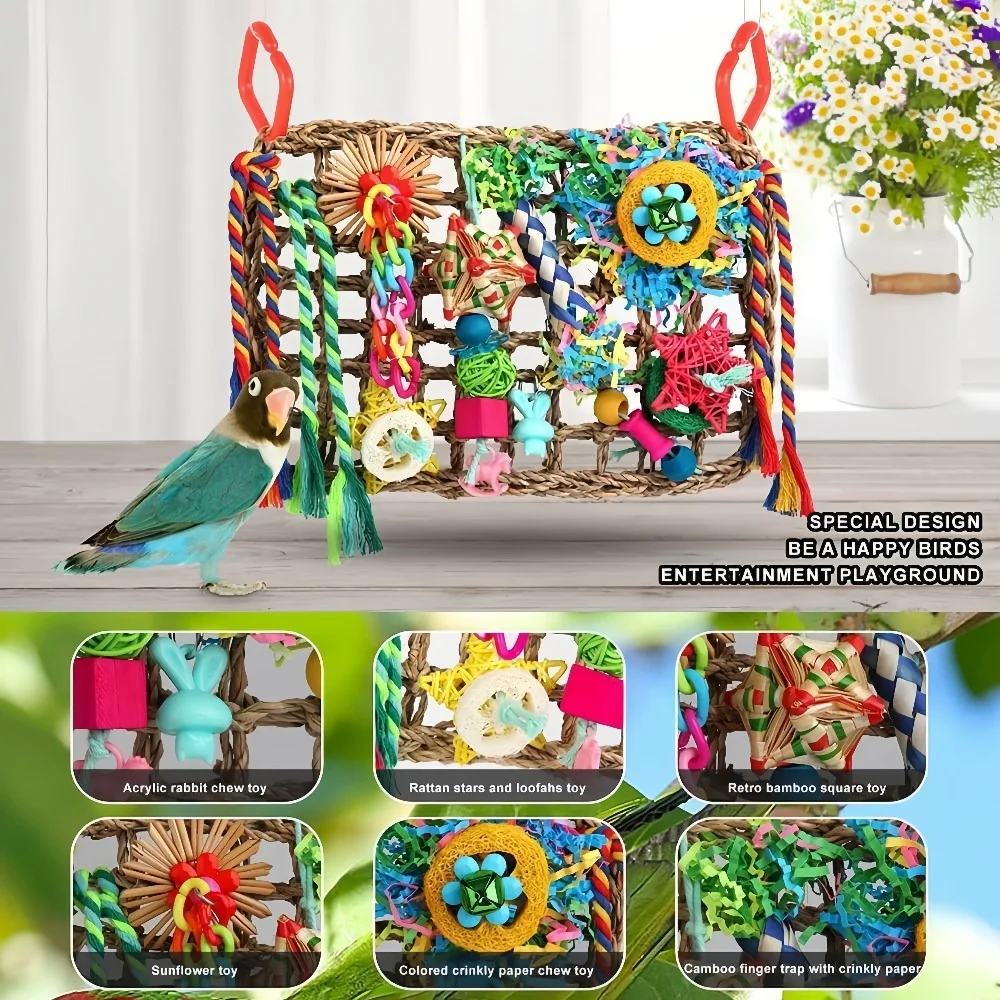 Natural Seagrass Parrot Foraging Climbing Wall Mat Chew Toy Hanging Bird Hammock Activity Center for Conure Cockatiel Parakeet
