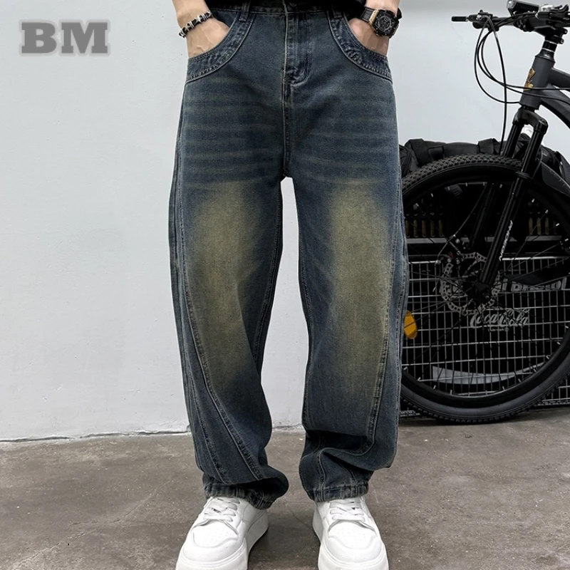 

Mens Japanese Retro Washed Denim Jeans Loose Straight Fit Cat Whisker Design Streetwear Fashion Comfortable Harajuku Long Pants