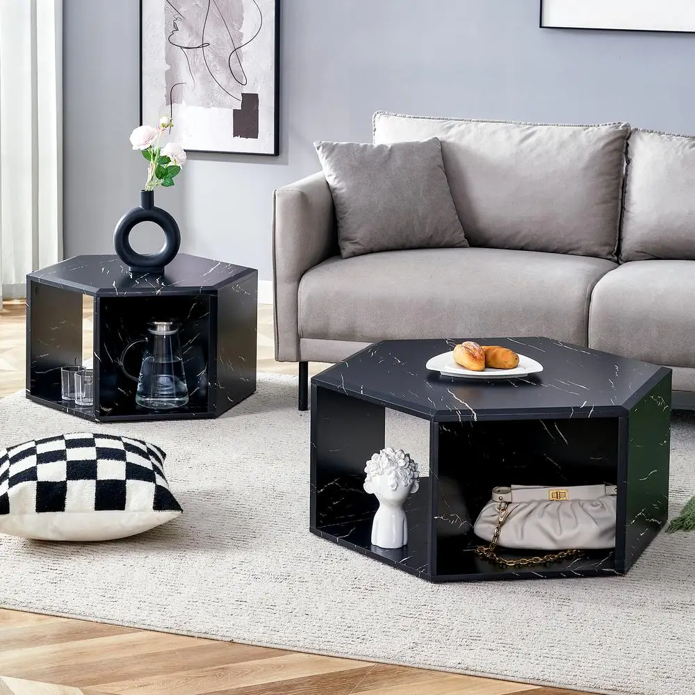 

Modern Black Hexagonal Coffee Table Set Nesting MDF Tables with Storage White Texture Geometric Design 2 Sizes