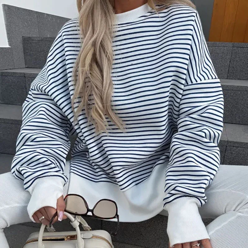 เสื้อสเวตเชิ้ตแขนยาวลายทางแฟชั่น ดีไซน์เก๋ คอทรงโอ ทรงหลวม สไตล์ลำลอง เหมาะสำหรับใส่ทำงานหรือเล่นกีฬา เสื้อผู้หญิงใหม่เรียบง่าย สไตล์พูลโอเวอร์ สำหรับฤดูใบไม้ร่วง