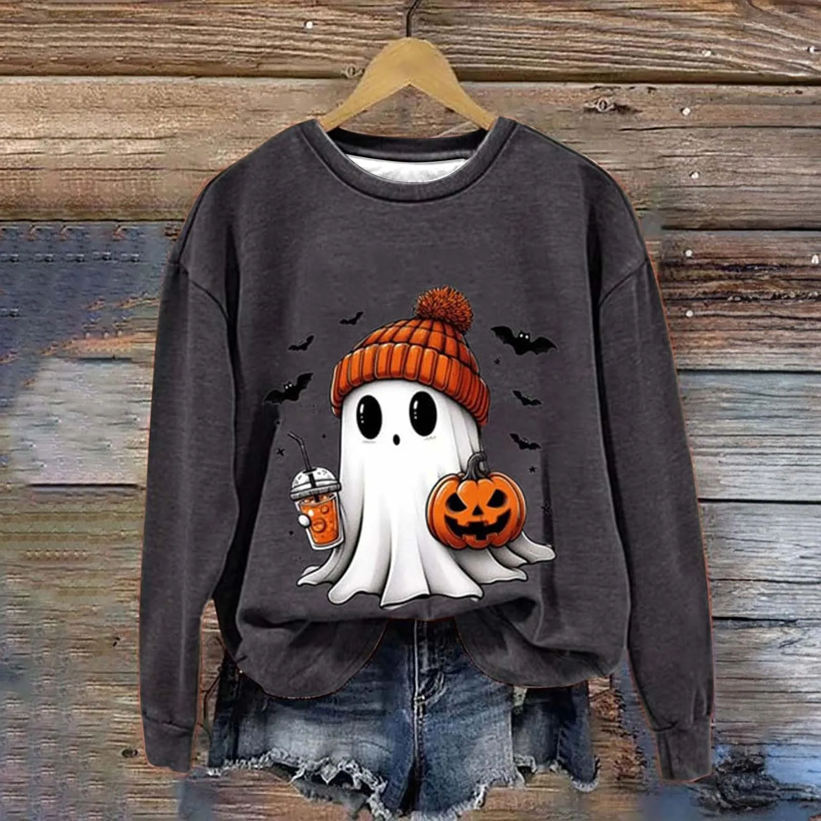 Women\'S Fashion Casual Halloween Printed Round Neck Long Sleeve Top Hoodless Sweatshirt Lovely Big Eyes Ghost Print Pullover