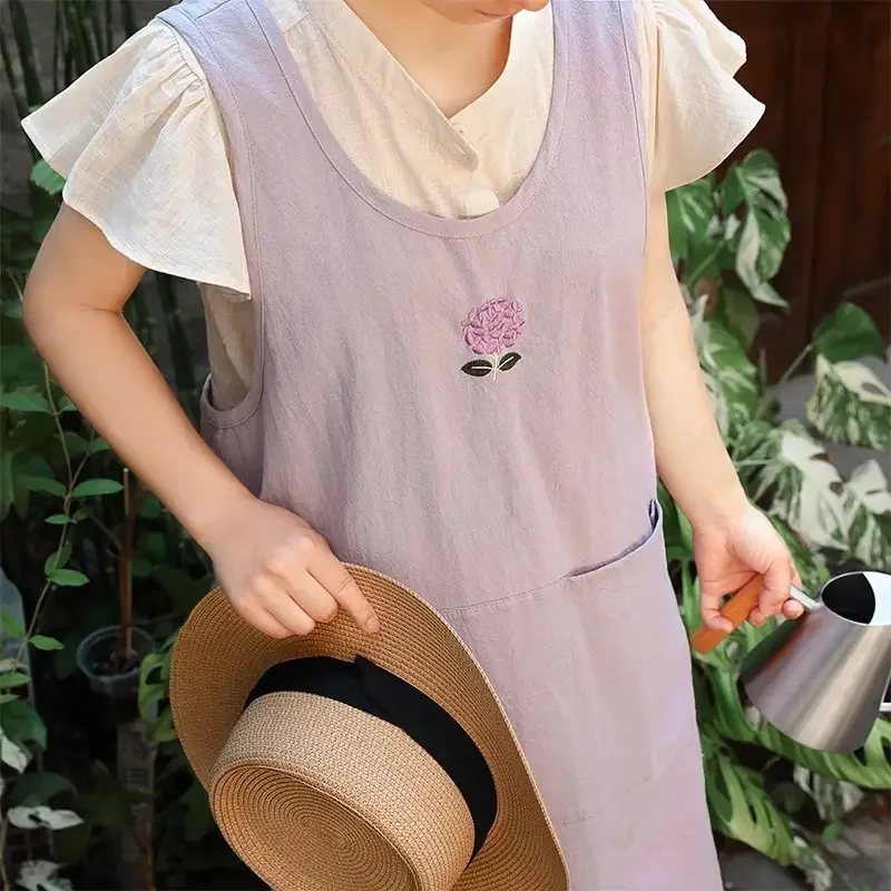 

Summer Pure Cotton Embroidery Kitchen Apron with Pockets Women's Cross-Back Apron Pinafore for Cooking Baking Cleaning Gardening