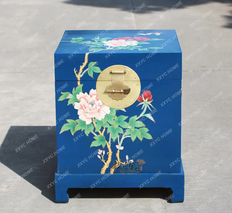 Camphor solid wood painted suitcase dowry marriage calligraphy and painting mosquito-proof moisture-proof box
