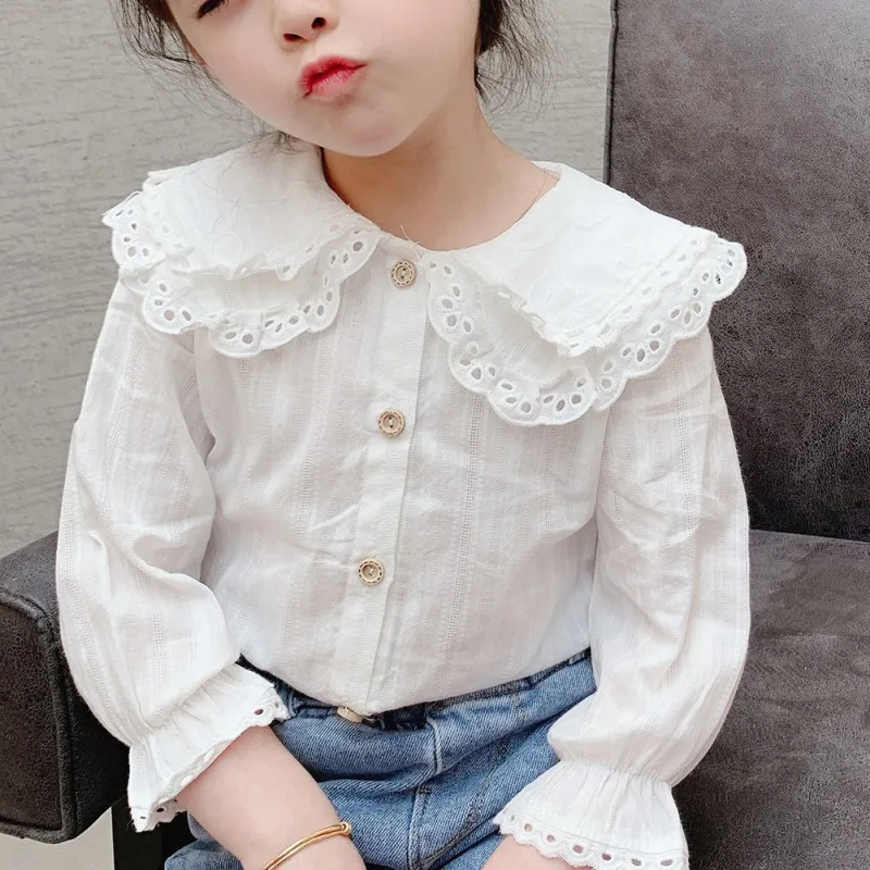 Girls Fashion White Blouses Children New Style Lapel Blouse Flared Sleeves Tops Kids Long-Sleeved Cotton Lace Casual Blouses