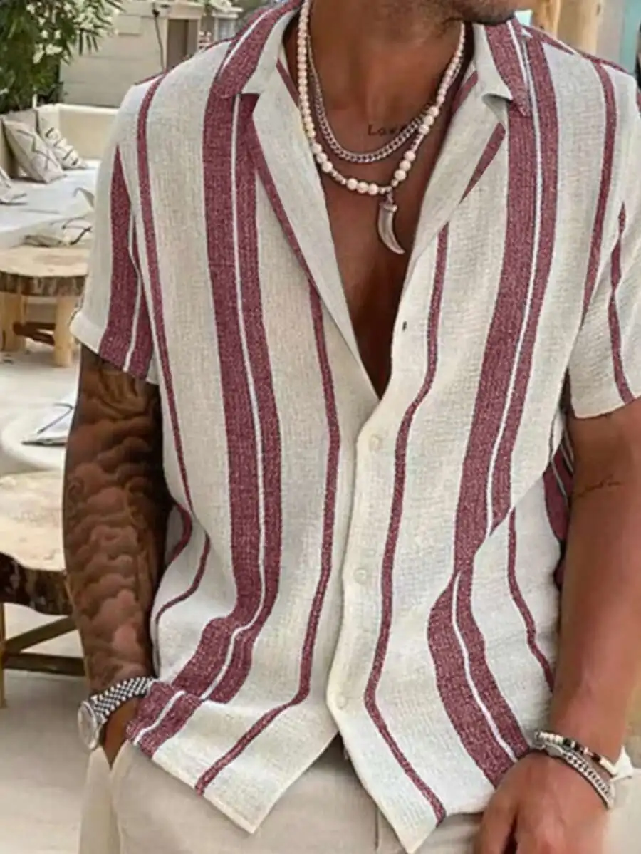 

Men's Short Sleeve Striped Casual Shirt - Beige & Burgundy, Lightweight Linen Blend