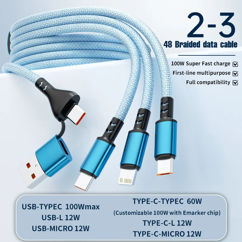 100W Braided Fast Charge Data Cable Two To Three Multi Interface Pd Type C Line Mobile Phone Tablet for Huawei Xiaomi Iphone 14