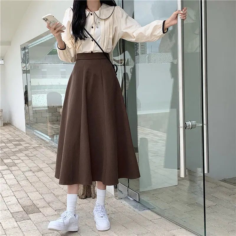 

Fashion High Waist Pleated Woolen Skirt Women Vintage Loose A-line Midi-length Skirts Autumn Winter Preppy Style Cozy Ins Skorts