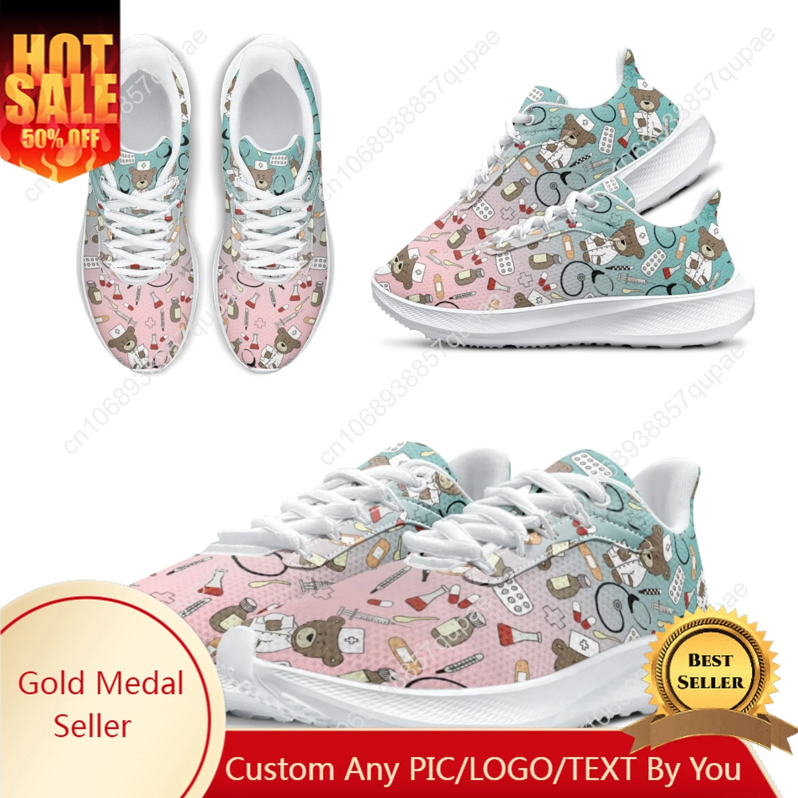 

Cute Medical Bear Print Girl Boy Running Shoes Comfortable Breathable High Quality Height-increasing Shoe Custom Shoe