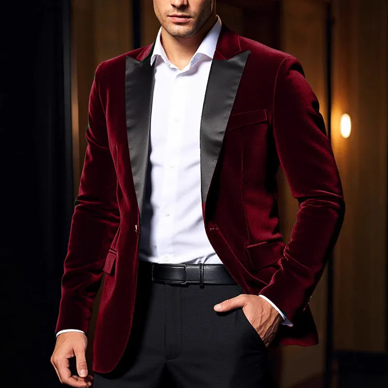 Costume en velours de couleur Pure, vêtements d'affaires formels rouges, veste à un bouton, pour marié, chanteur, robe de soirée de danse de mariage, blazer