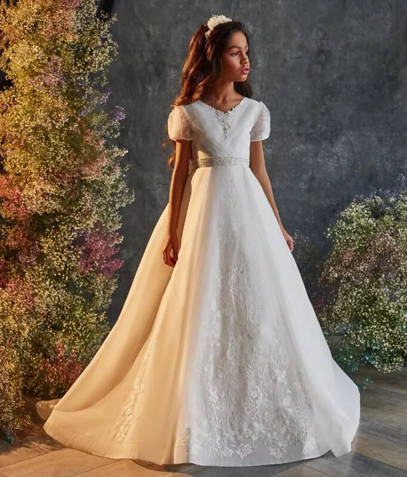 Fancy Flower Long Prom Gowns Teenagers Dresses for Wedding Children Party Evening Dress Princess First Communion Dresses