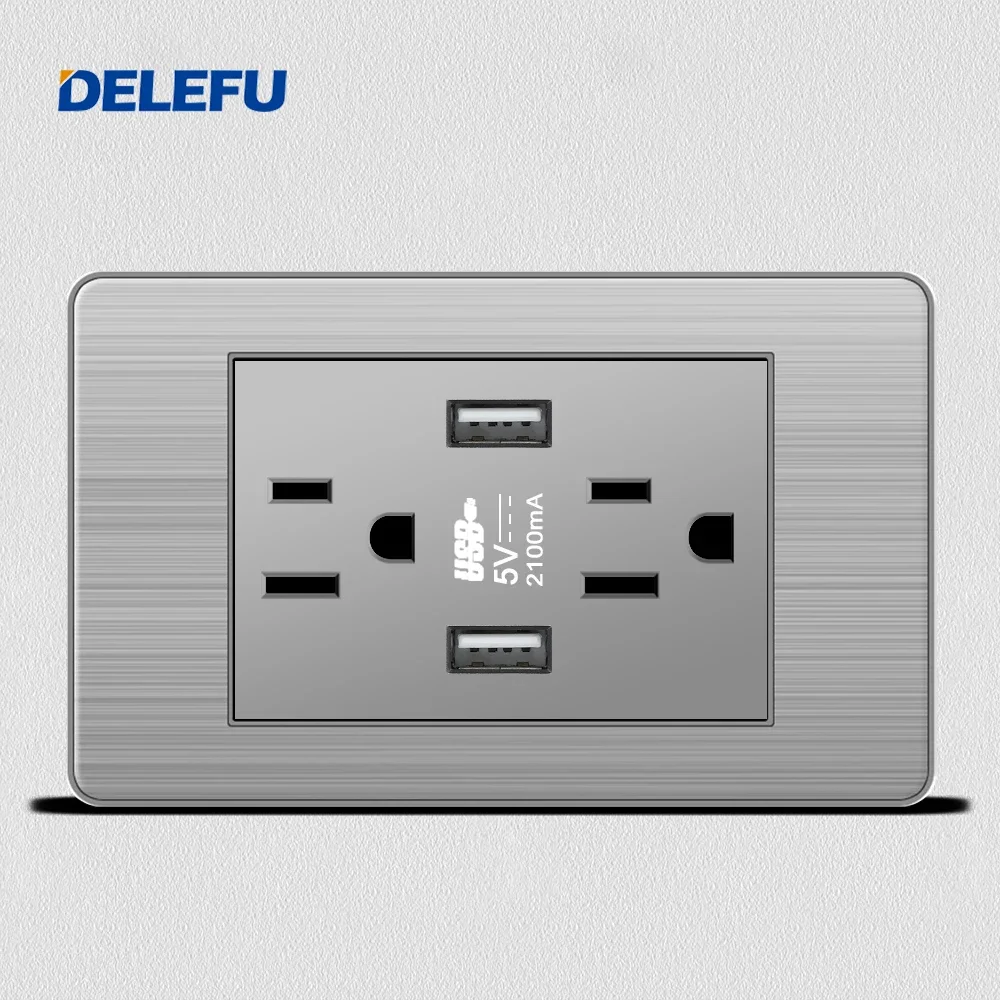 DELEFU Grey Stainless Steel Panel Mexico Standard Type C America Outlet Plug 118*72mm Wall Power Socket Light Switch