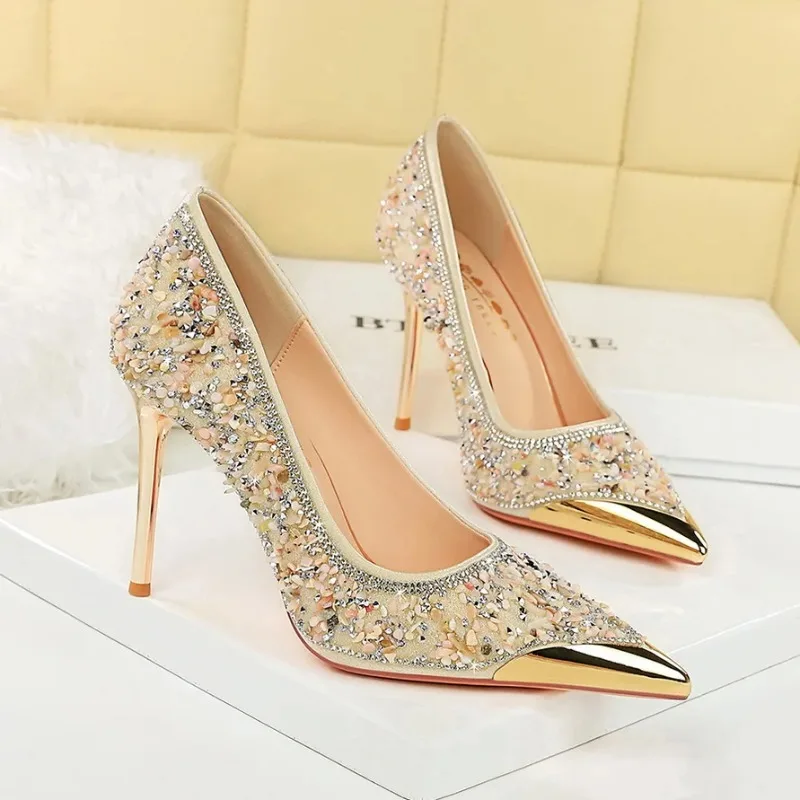 

10cm High Rhinestone Women's High Heels Ball Party Wedding Pointed Toe High Heels Metal Tip Elegant Stiletto Women's Single Shoe