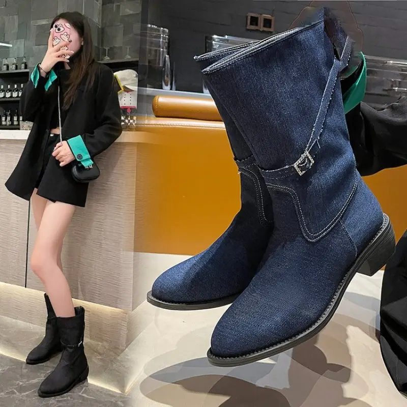 

Fashion Blue jeans boots Women's Mid-rise Rome Solid Slip-On Chunky Med Heels Boots wild vintage Large Size 41 42 Ladies shoes