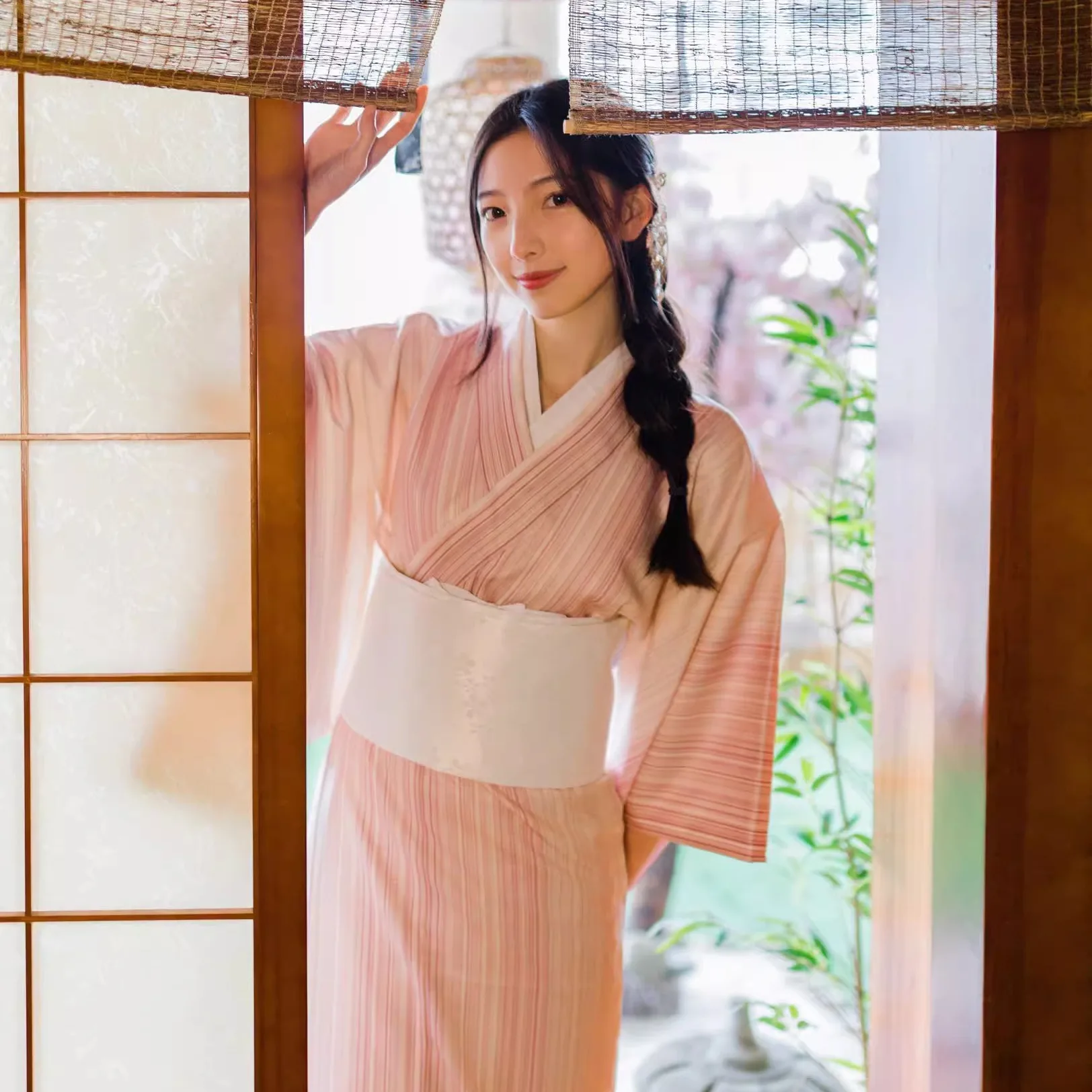 

Японское кимоно Four Seasons Yukata, туристическое литературное платье в розовую полоску, модифицированное