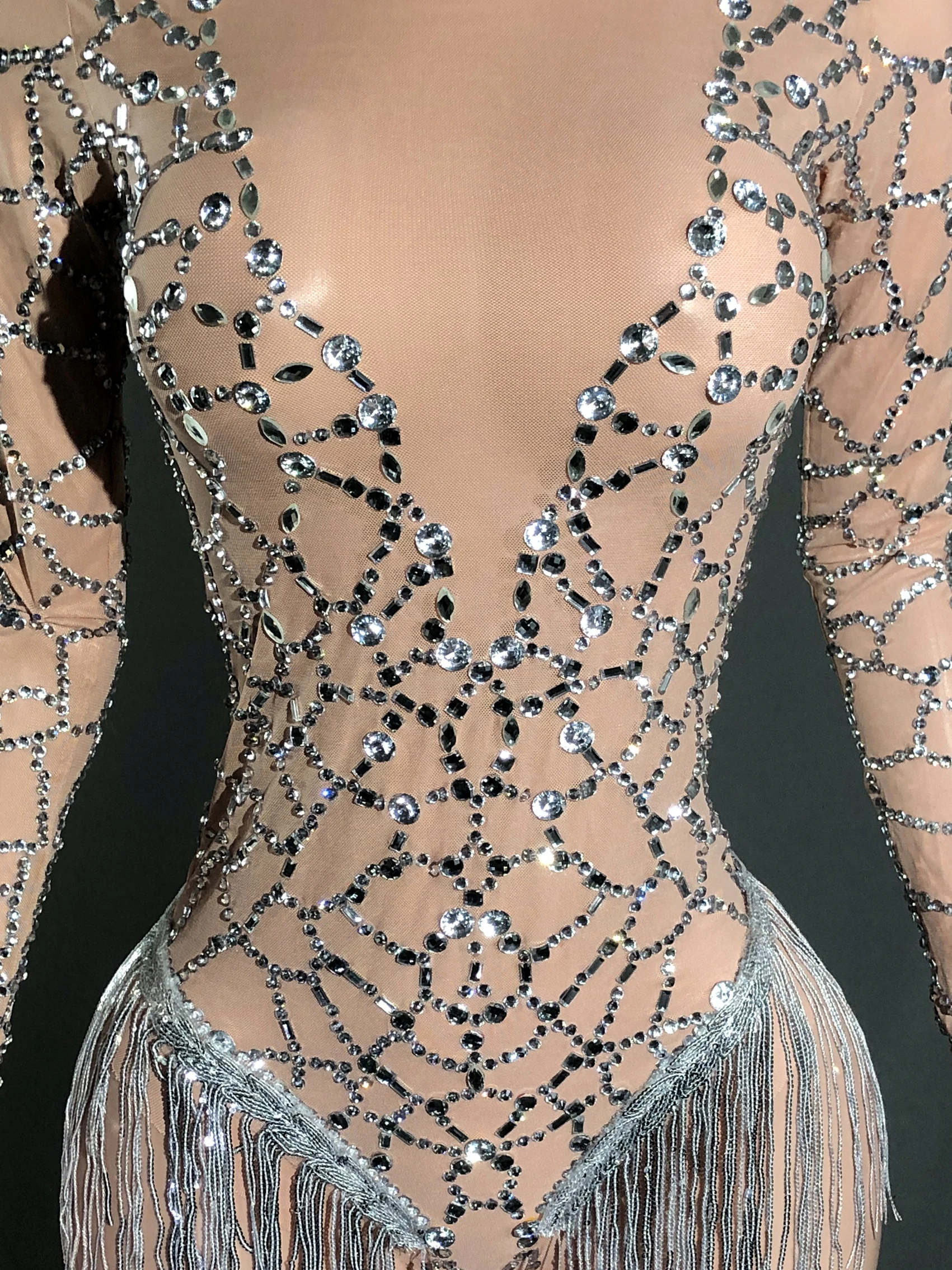 doorzichtige bodysuit van doorschijnende stof, hoge kraag, hangende nekkwastjes, toneelvoorstelling, kostuum, mesh, heldere diamant