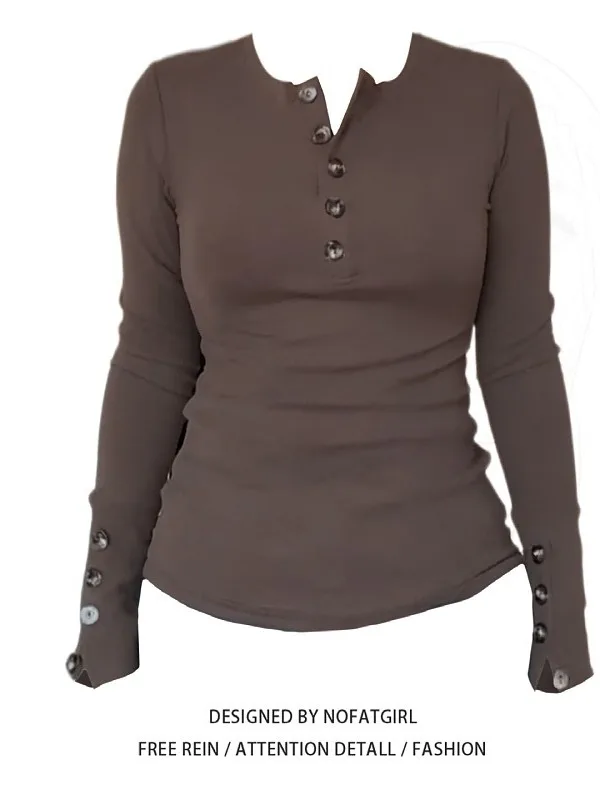 

Женская футболка больших размеров с длинным рукавом на пуговицах, повседневный стиль, с воротником хенли, базовая модель, универсальный модный топ для осени и зимы