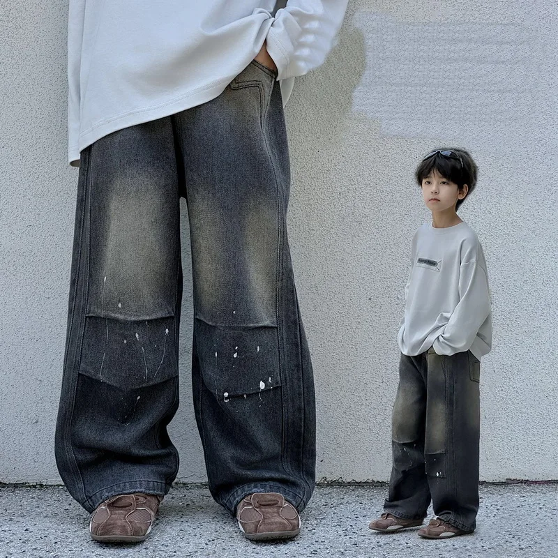 Children Heavy Cotton Baggy Cargo Jeans Tweens Boy Street Hip Hop Denim Pants Kids Spring Autumn Vintage Distressed Trousers