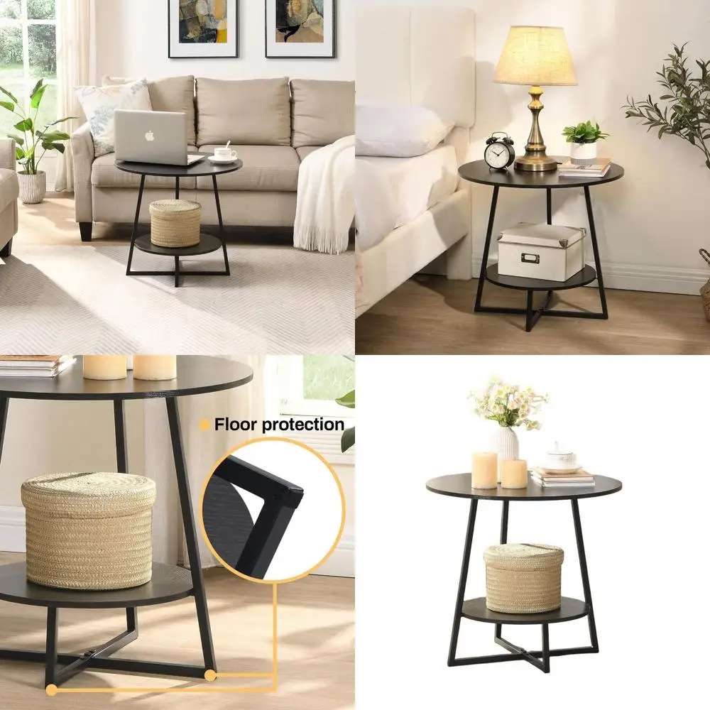 

Compact 2-Tier Round Wood Side Table with Storage Shelf for Living Room, Bedroom, and Small Spaces - Black
