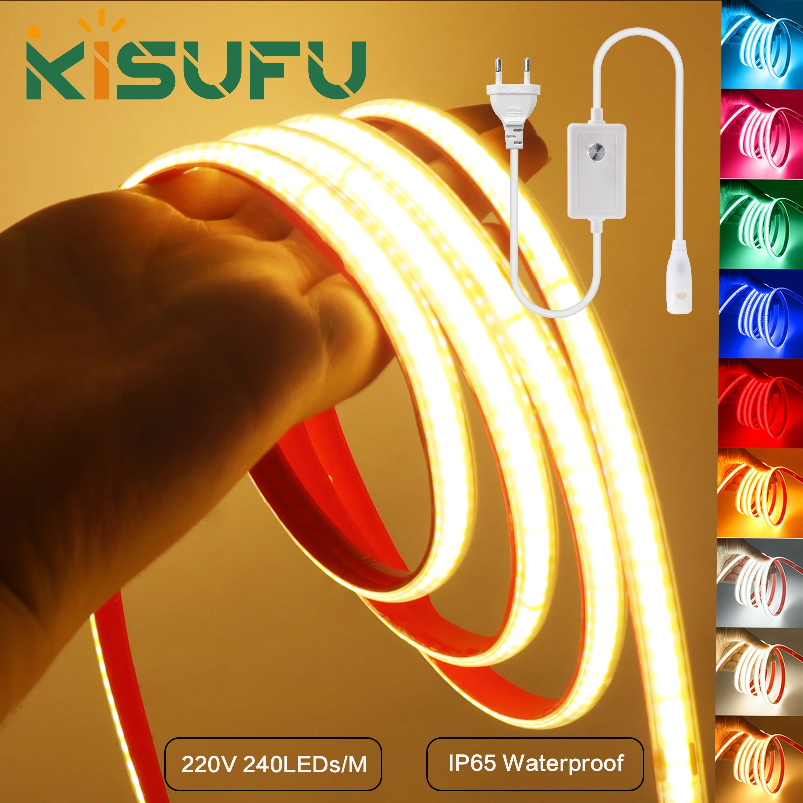 220V COB Strip Waterproof 240LEDs/M With Dimmer Plug 10CM Cut Blue White Warm Red Pink Flexible Ribbon Tape Indoor Outdoor Decor