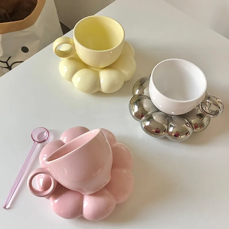 Nordic Pink Flower Ceramic Coffee Cup Saucer Reusable Creative Home Decorative Cup Breakfast Drinking Latte Tea Cup Set